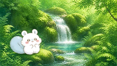 Cute Momonga sitting by a lush green forest waterfall for PC Wallpaper