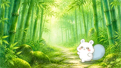 Momonga walking through a sunny green bamboo forest for PC Wallpaper