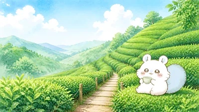 Momonga holding a teacup in a green tea field for PC Background