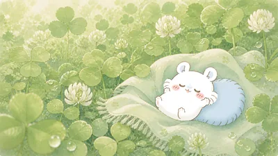Cute Momonga sleeping peacefully in a green clover field for PC Wallpaper