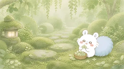 Momonga holding a clover in a green forest garden for PC Wallpaper