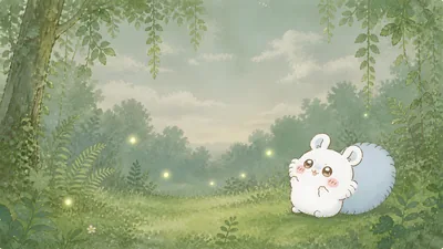 Cute Momonga sitting in a glowing green forest for PC Wallpaper