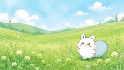 Cute Momonga in a sunny green meadow with white clovers for PC Wallpaper.