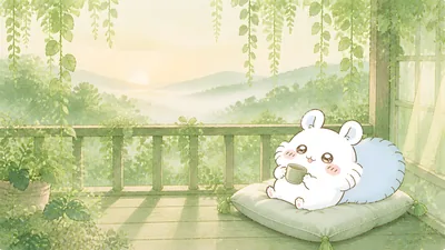 Cute Momonga drinking tea on a green balcony at sunrise for PC Wallpaper
