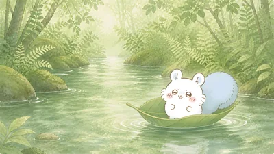 Momonga floating on a leaf in a green forest river for PC Wallpaper