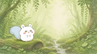 Cute Momonga standing on a mossy log in a green forest for PC Wallpaper