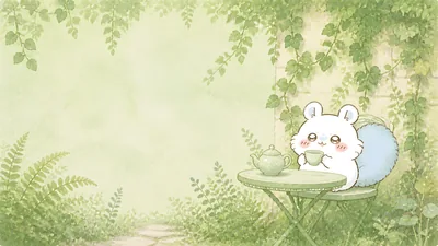 Cute Momonga drinking tea in a lush green garden for PC Wallpaper