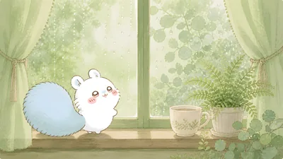 Cute Momonga looking out a rainy window with plants for PC Background