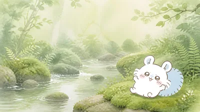 Cute Momonga sitting by a forest stream for PC Background