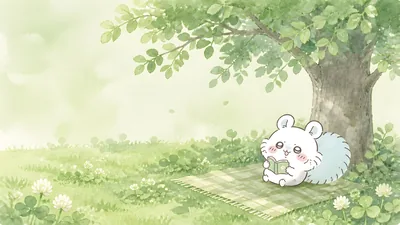 Cute Momonga reading a book under a green tree for PC Wallpaper