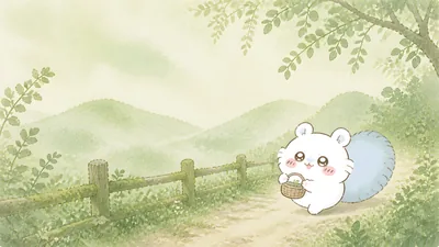 Cute Momonga walking on a forest path holding a basket for PC Wallpaper.