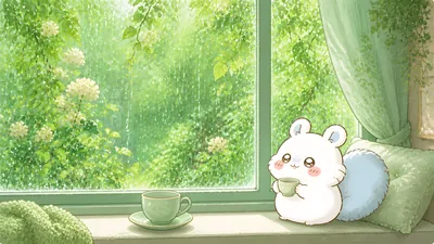Cute Momonga drinking tea by a rainy green window for PC Wallpaper