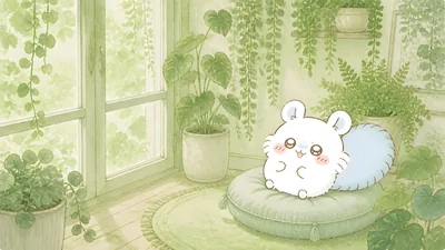 Cute Momonga sitting on a green cushion in a botanical room for PC Wallpaper.