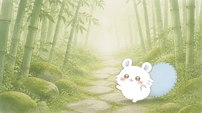 Cute Momonga walking in a peaceful green bamboo forest for PC Wallpaper.