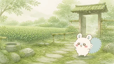 Cute Momonga walking in a lush green watercolor garden for PC Wallpaper