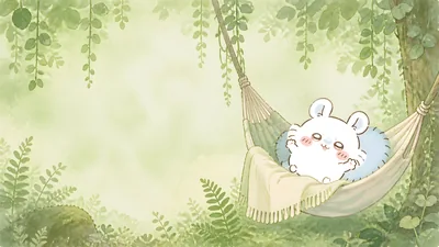 Cute Momonga relaxing in a hammock in the green forest for PC Background