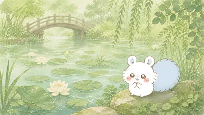 Cute Momonga by a green water lily pond with a bridge for PC Background