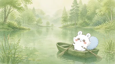 Momonga rowing a boat on a peaceful green lake for PC Wallpaper