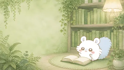 Momonga from Chiikawa reading an open book in a cozy green room for PC 4K Image
