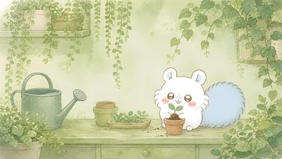 Cute Momonga gardening with a small potted plant for PC Background