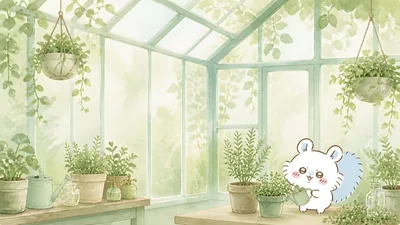 Cute Momonga watering plants in a cozy watercolor greenhouse for PC Wallpaper