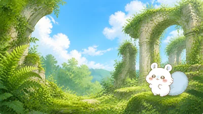 Cute Momonga in lush green ruins under blue sky for PC Wallpaper