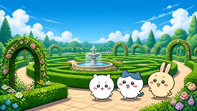 Chiikawa, Hachiware, and Usagi in a pixel art garden maze for PC Background
