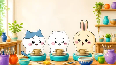 Chiikawa, Hachiware and Usagi making pottery in a cozy workshop for PC Background