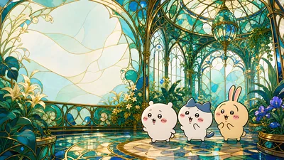 Chiikawa, Hachiware, and Usagi in a stained glass greenhouse for PC Wallpaper