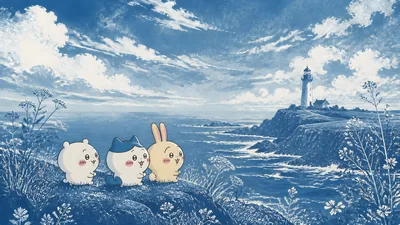 Chiikawa, Hachiware, Usagi on an ocean cliff for PC Background