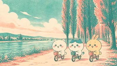 Chiikawa, Hachiware, and Usagi riding bicycles by the river for PC Wallpaper