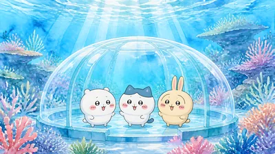 Chiikawa, Hachiware, and Usagi in an underwater glass dome for PC Background