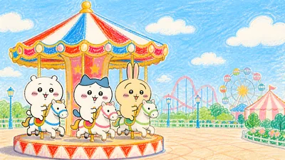 Chiikawa, Hachiware, and Usagi riding a carousel for PC 4K Image