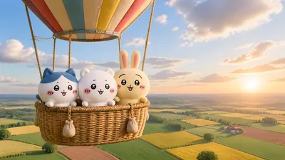 Chiikawa, Hachiware, Usagi in a hot air balloon sunset scene for PC Wallpaper