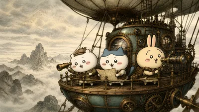 Chiikawa, Hachiware, and Usagi on a steampunk airship for PC Wallpaper