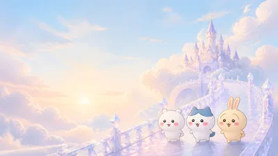 Chiikawa, Hachiware and Usagi walking on a crystal bridge for PC Wallpaper
