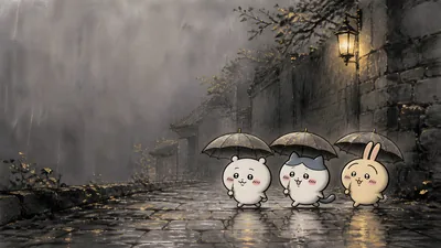 Chiikawa, Hachiware, and Usagi holding umbrellas in the rain for PC Wallpaper
