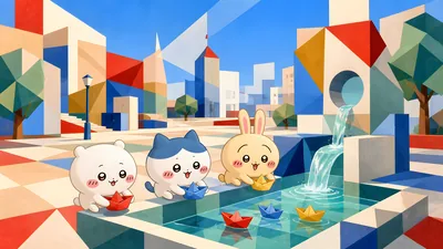 Chiikawa, Hachiware, and Usagi playing with paper boats for PC Wallpaper.