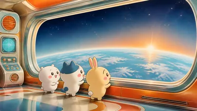 Chiikawa, Hachiware, Usagi looking at Earth from space for PC Wallpaper
