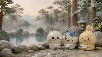 Chiikawa, Hachiware, Usagi at a misty hot spring for PC Wallpaper
