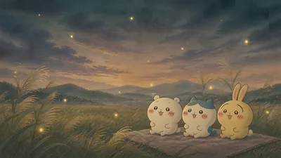 Chiikawa, Hachiware, and Usagi sitting in a twilight field for PC Wallpaper