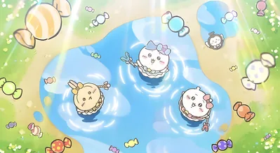 Chiikawa, Hachiware and Usagi magical girls in a candy pond for PC Wallpaper