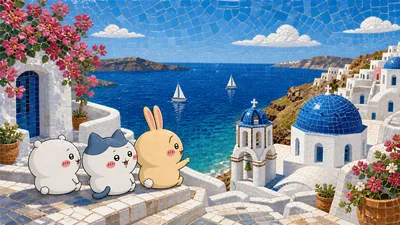 Chiikawa, Hachiware, and Usagi in Santorini mosaic art for PC Wallpaper