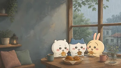 Chiikawa, Hachiware, Usagi eating pastries by a rainy window for PC Wallpaper
