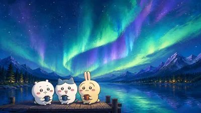 Chiikawa, Hachiware and Usagi watching northern lights for PC Wallpaper.