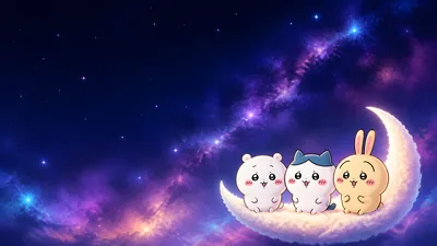Chiikawa, Hachiware and Usagi on a crescent moon in galaxy for PC Wallpaper