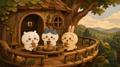 Chiikawa, Hachiware, Usagi eating cookies at a cozy treehouse for PC Wallpaper