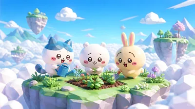 Chiikawa, Hachiware, and Usagi gardening in the sky for PC Background