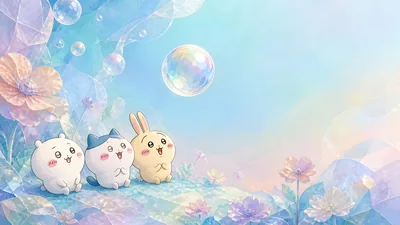Chiikawa, Hachiware, and Usagi looking at bubbles for PC Wallpaper