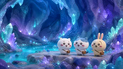 Chiikawa, Hachiware, Usagi exploring a glowing crystal cave for PC Wallpaper